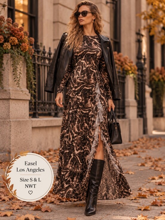 Easel Los Angeles Dresses & Skirts - Easel Los Angeles NWT Brown Swirl Mesh Long Sleeve Ruffle Maxi Dress